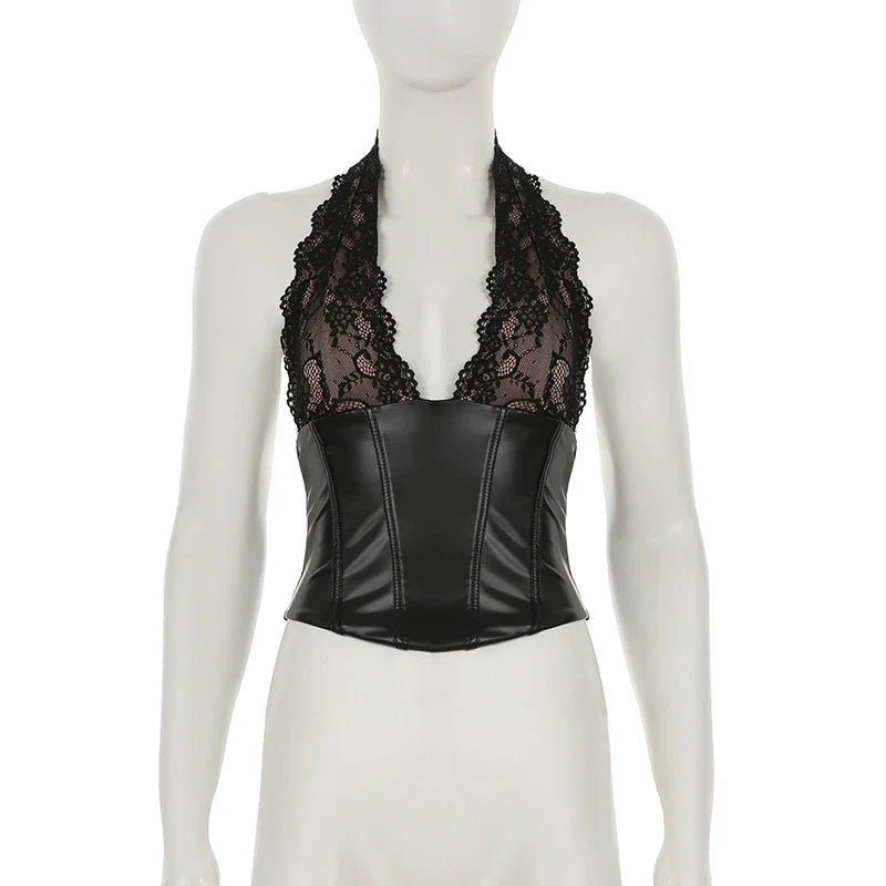 Black Lace Patchwork PU Tank Top