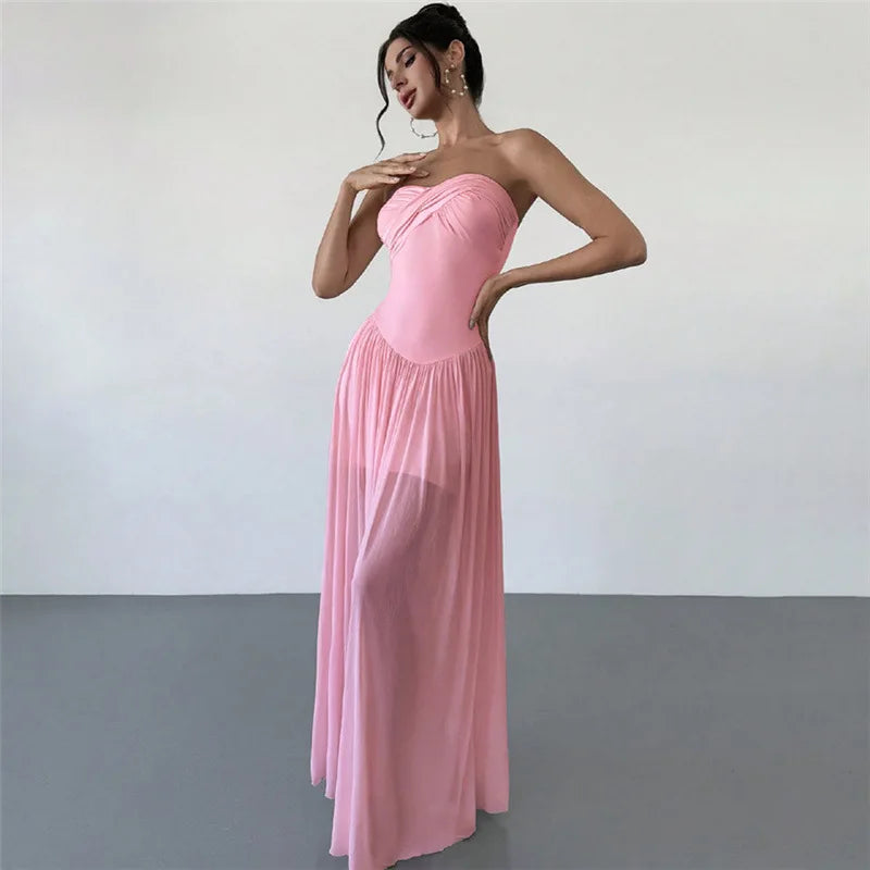 Pink Strapless Mesh Maxi Dress