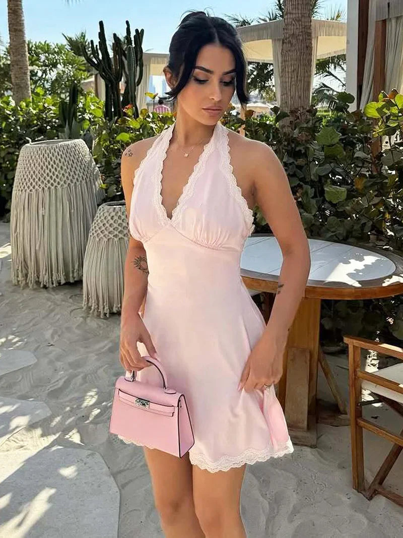 Halter Trim V-Neck Mini Satin Dress