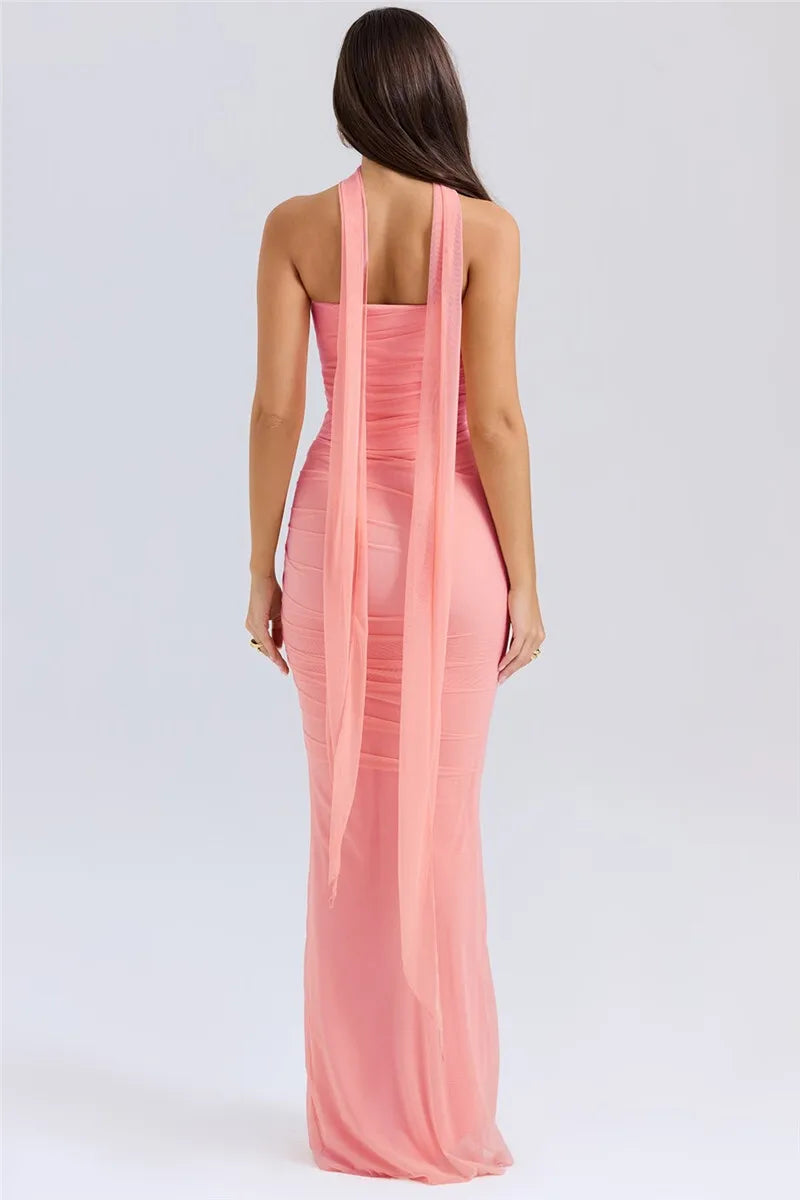 Solid Ruched Corset Top And Body-con Maxi Dress With Scarf Set
