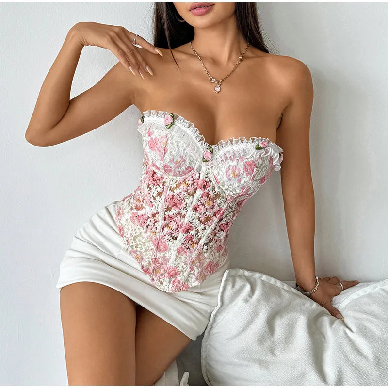 Flower Embroidery See Through Corset Top