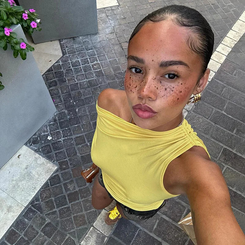 Drawstring Ruched One Shoulder Crop Top