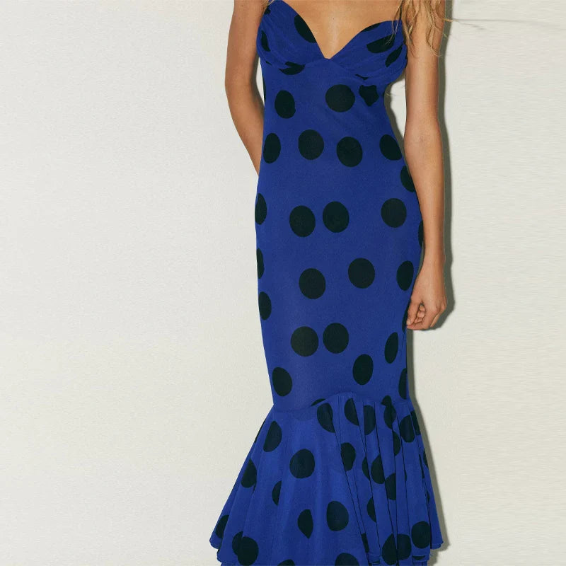 Spaghetti Straps Print Polka Dot Maxi Dress