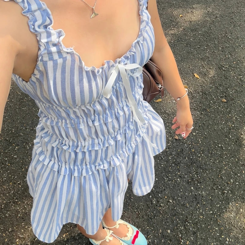 Striped Elastic Waist Frill Mini Dress