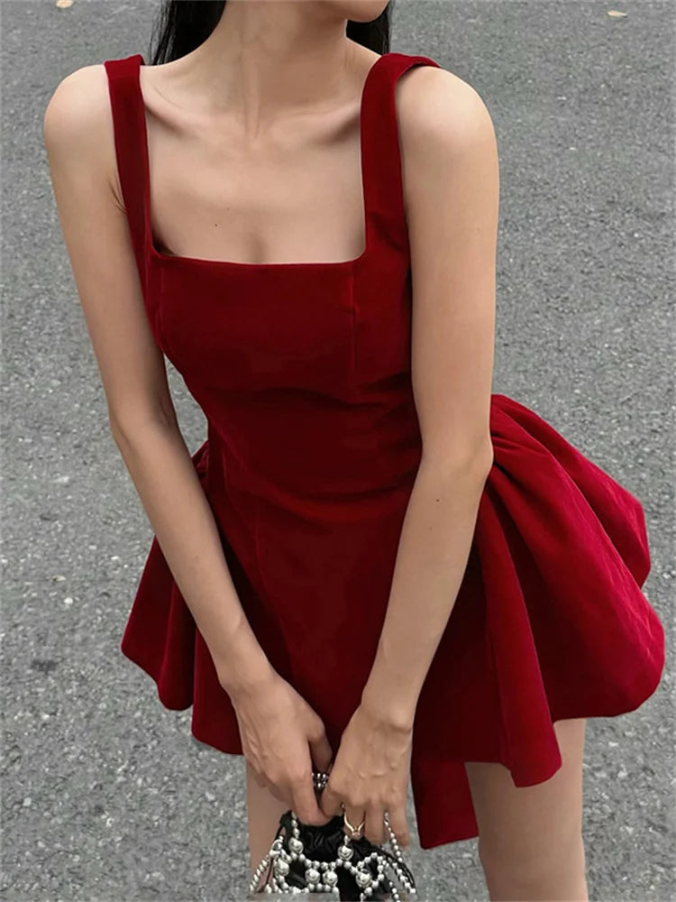 Red Backless V Cut Bow Mink Dress