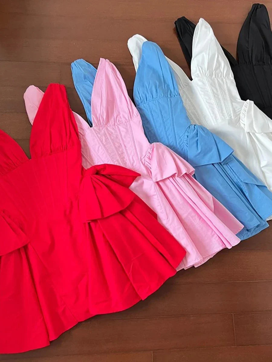 Red V-neck Pleated Mini Dress