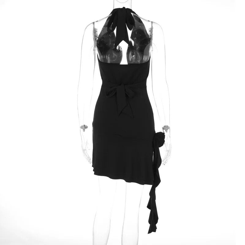 Floral Applique Ruffle Deep Neck Halter Mini Dress