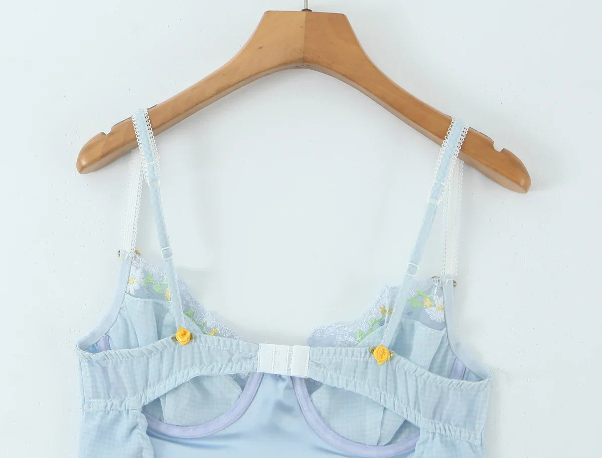 Blue Plaid Wire Bra Embroidery Mini Dress