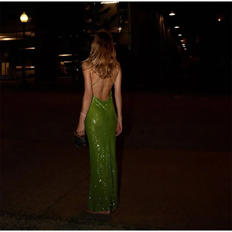 Green Sequin Backless Sling Maxi Dress