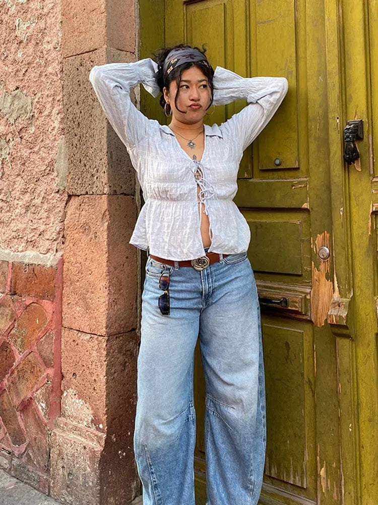 White Ruched Tie Up Long Sleeve Top