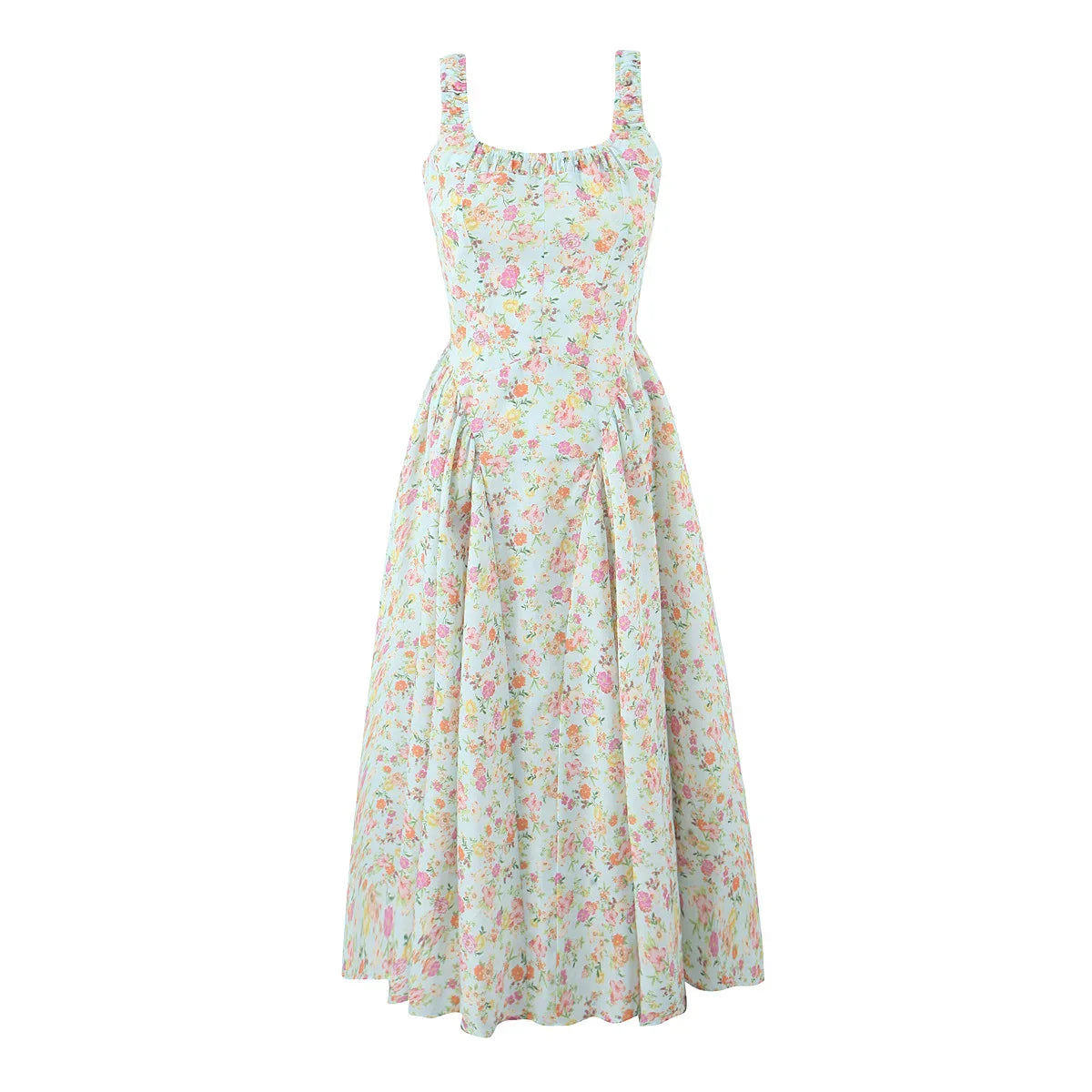 Floral Print Square Neck Strap Flare Midi Dress