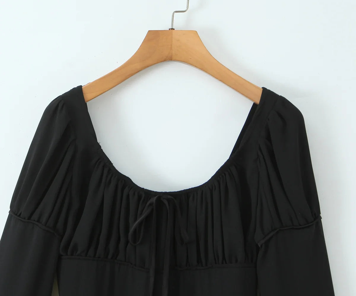 Long Sleeve Square Neck Ruched Bust Mini Dress