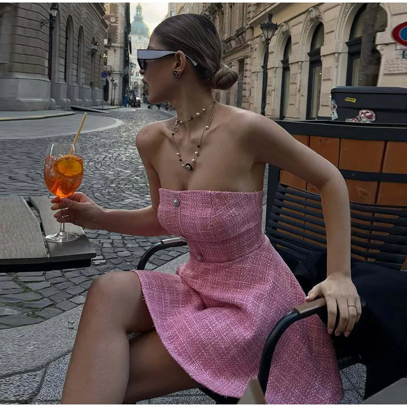 Tweed Strapless Buttoned Mini Dress
