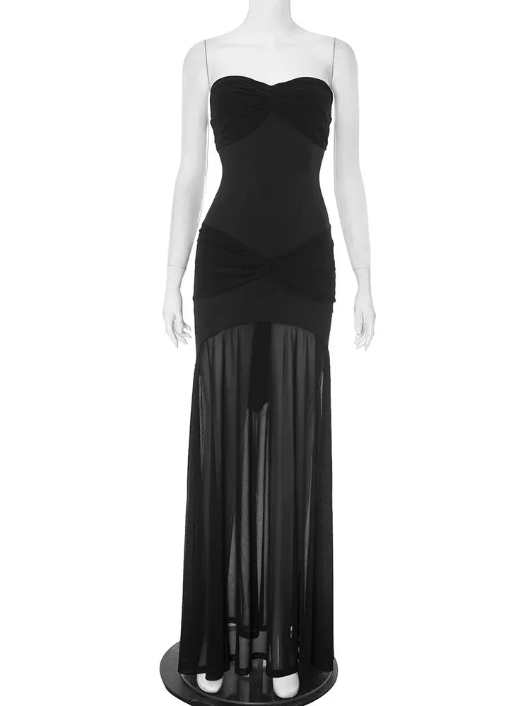Sleeveless Mesh Pleated Twisted Bandeau Long Dress
