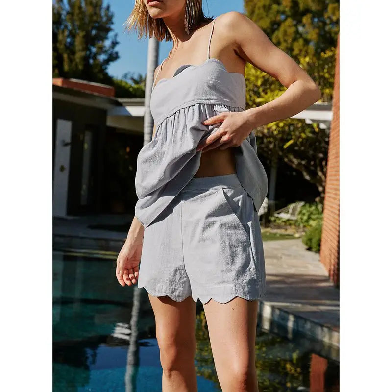 Scalloped Hem Babydoll Cami Tops And Wide Leg Shorts Set