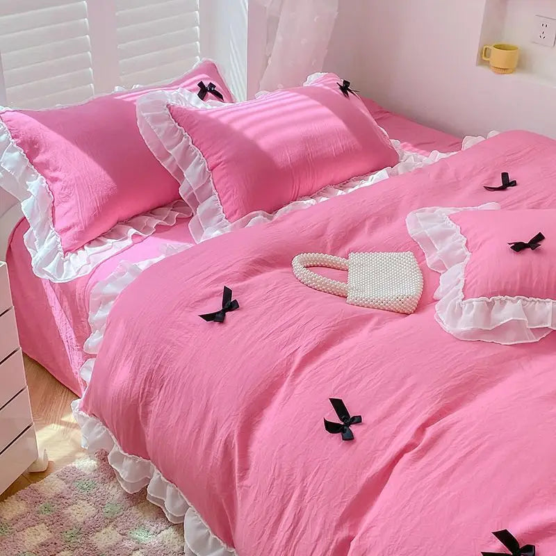 French Ins Princess Style Lace Four-piece Set Washed Cotton Embroidered Quilt Cover Set Bow Girly Heart Bed Sheet Three-piece