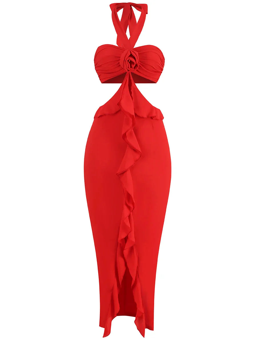 Red Flower Ruffles Halter Maxi Dress