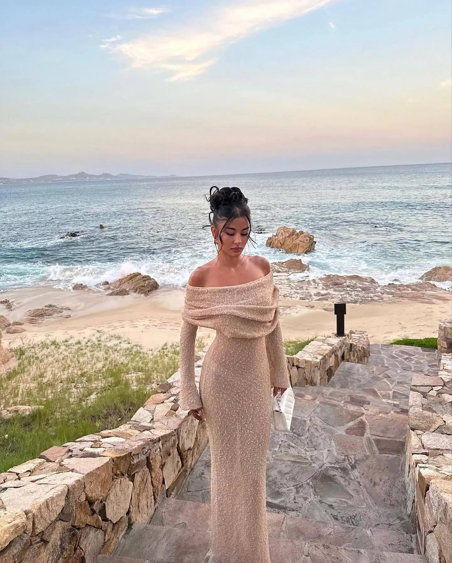 Knit Off-Shoulder Long Sleeve Maxi Dress