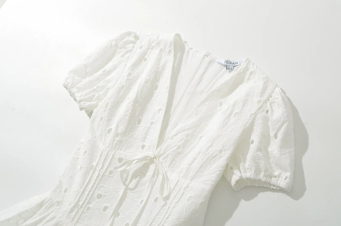 White Doily Embroidery V-Neck Short Sleeve Mini Dress