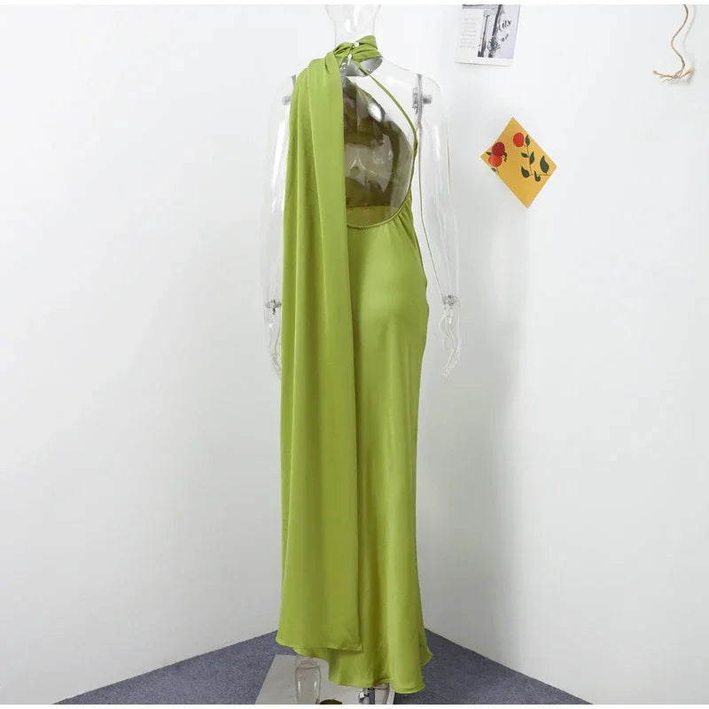 Satin Long Draped Halter Maxi Dress