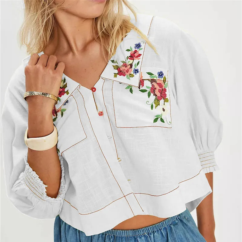 Button Up Embroidered Floral Blouse