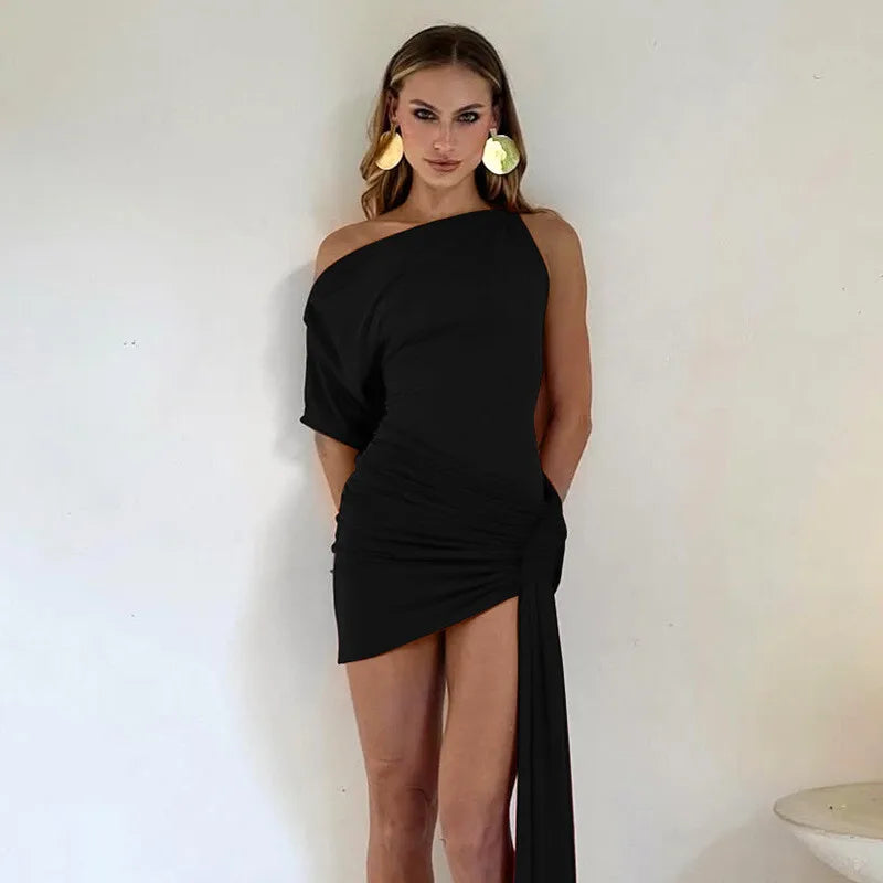 One Shoulder Drape Mini Dress