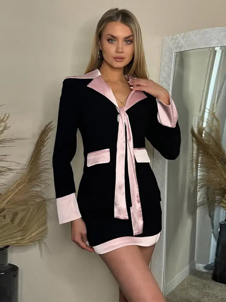 Black Blazer With Pink Satin Satin Contrast And Mini Skirt Set