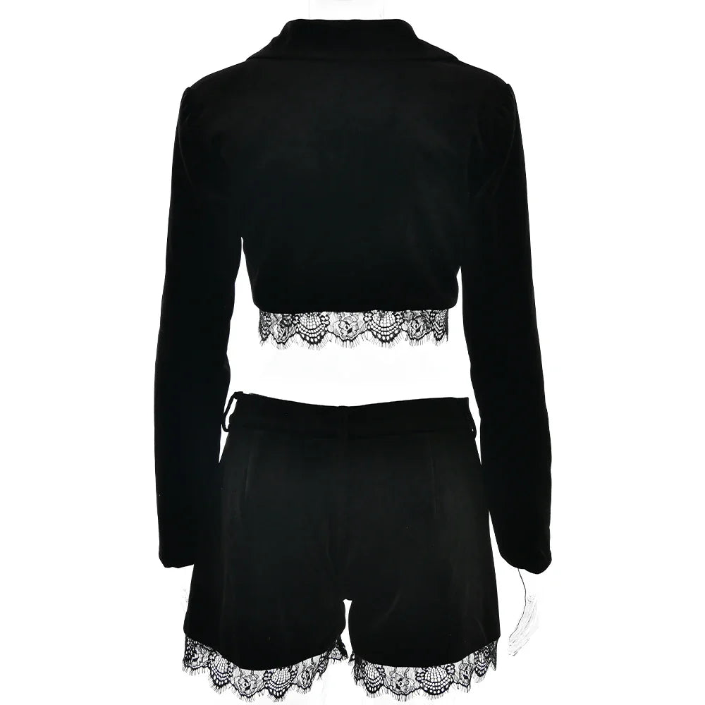 Black Velvet Lace Trim Crop Blazer And Shorts Set
