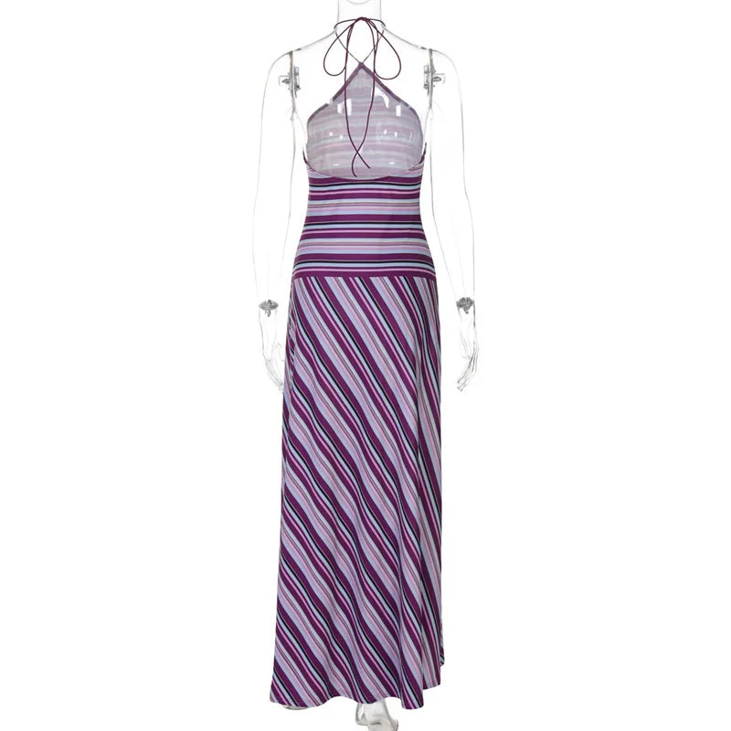 Purple Striped Halter Print Maxi Dress
