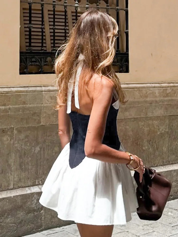 White Deep V-neck Halter Black Corset Mini Dress