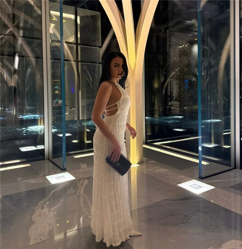 Halter Textured Open Back Maxi Dress