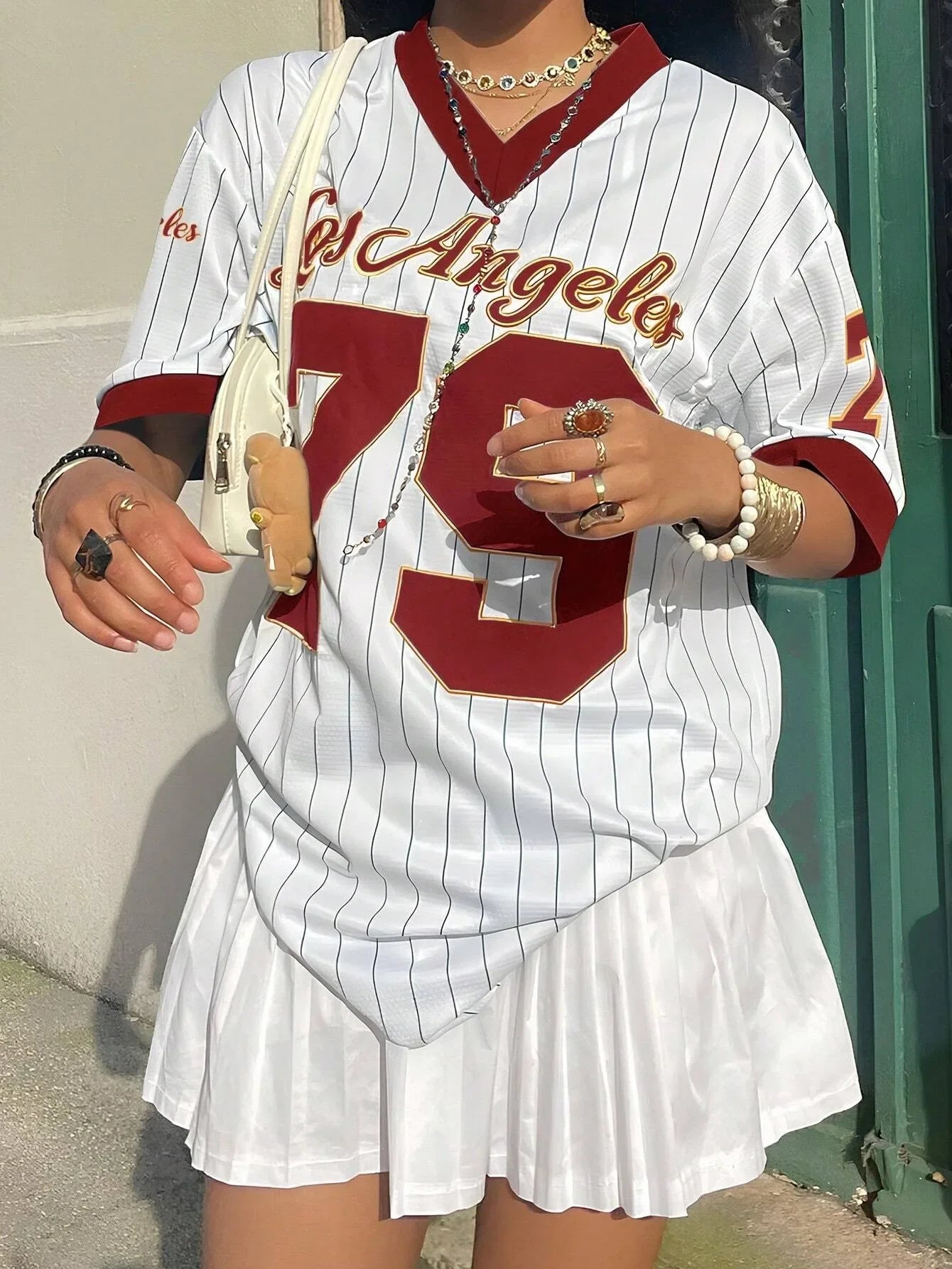 Los Angeles Letter Print V-Neck Jerseys Sport T-Shirt