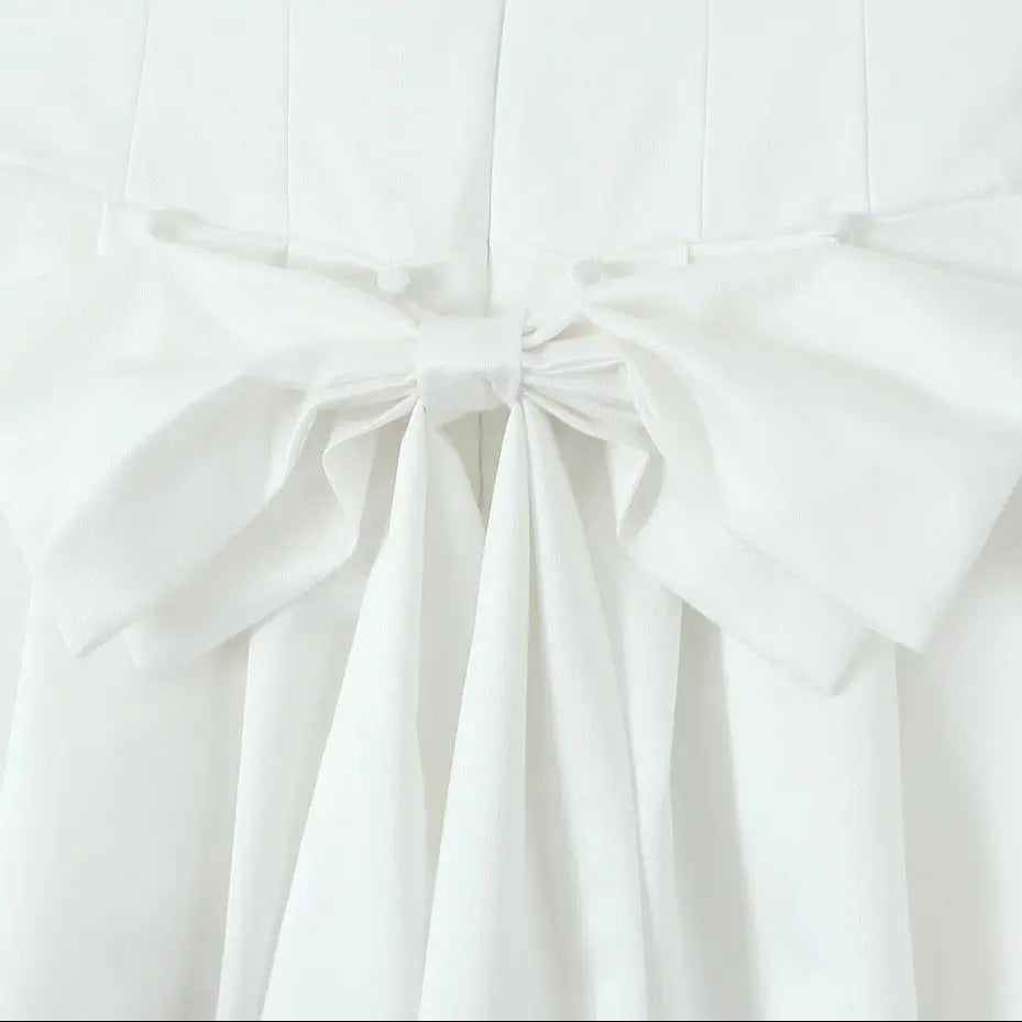 White Satin Tulle Back Bow Mini Strapless Dress