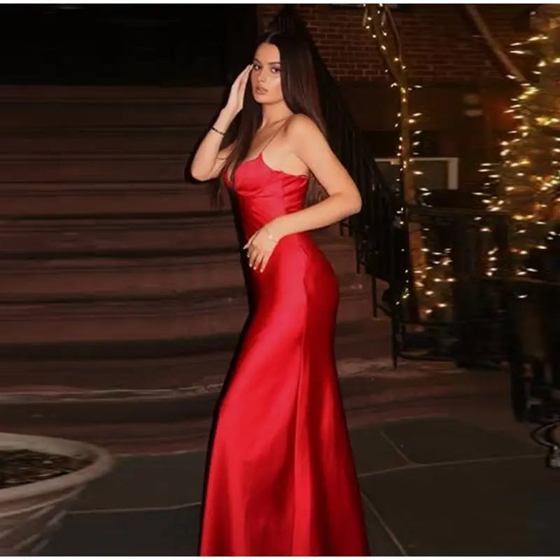 Satin Solid V-neck Strap Maxi Dress