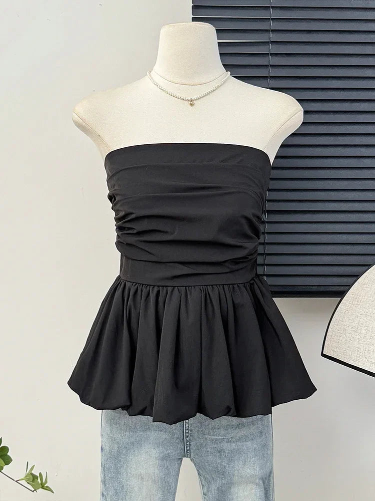 Elastic Pleated Puff Strapless Top - Medium Stretch