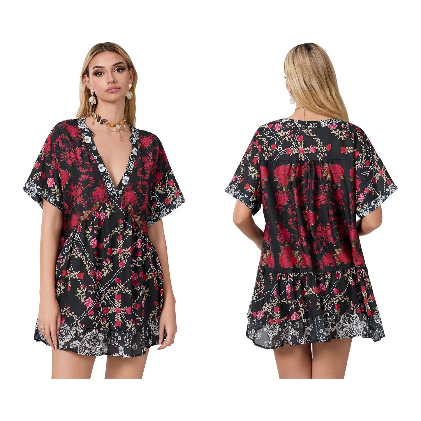 Floral Print Short Sleeve V-Neck Ruffled Hem Loose Mini Dress with Pockets
