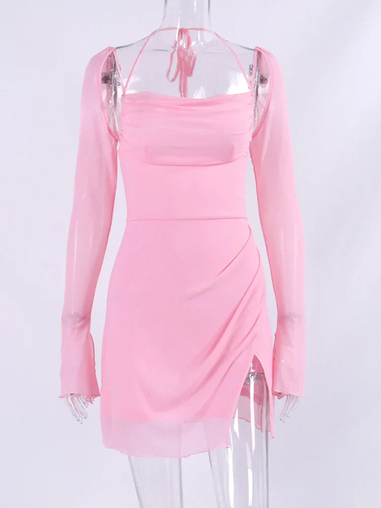Mesh Long Sleeve Strappy Mini Dress