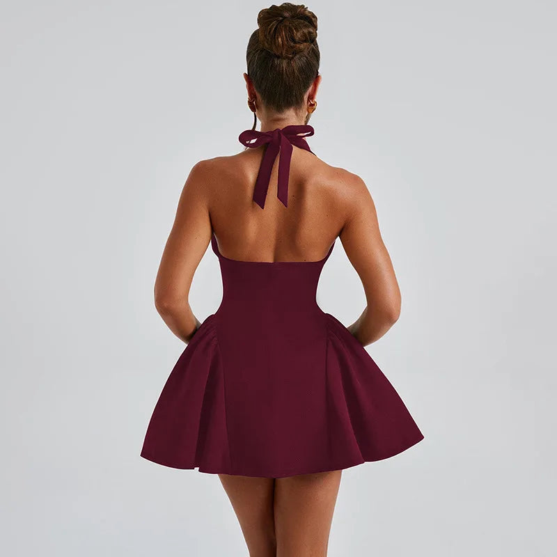 Deep V-Halter Backless A-line Mini Dress