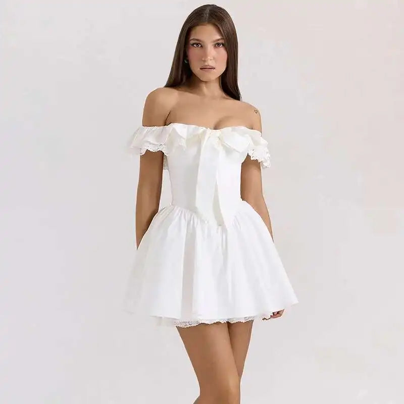 White Off Shoulder Bow Corset Mini Dress