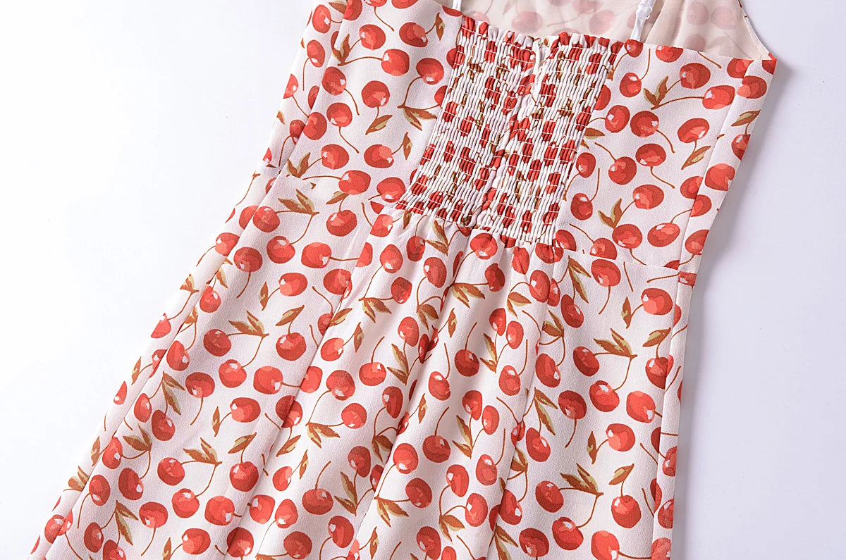Cherry Print Strap Midi Dress