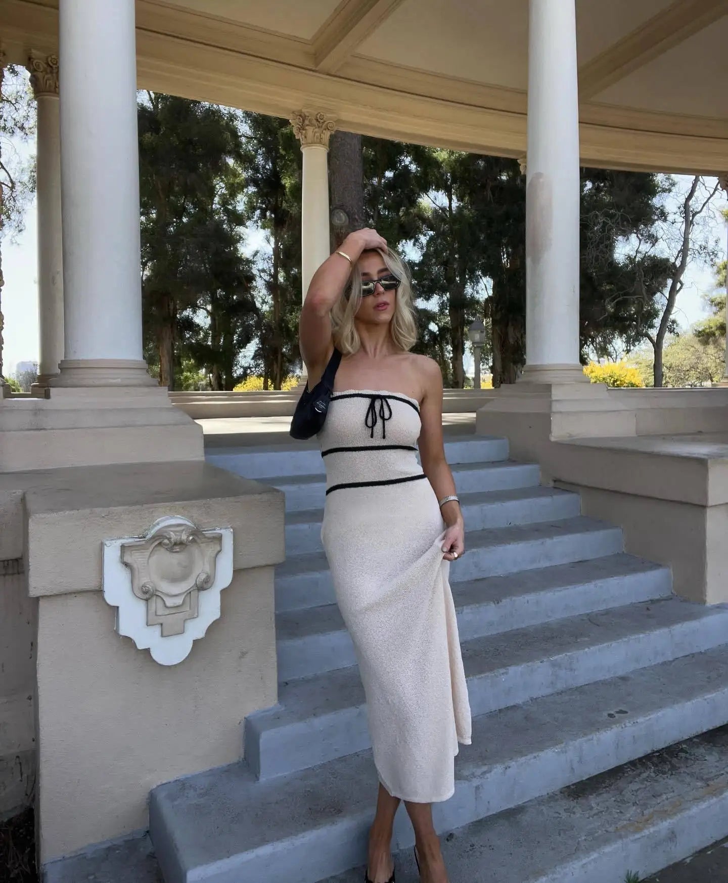 Knit Tube Black Stripe Tie-Up Midi Dress