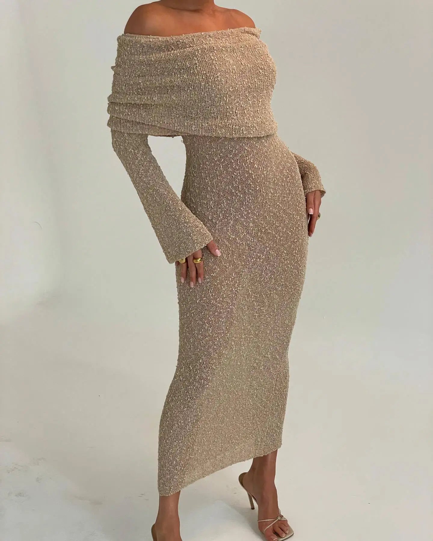 Knit Off-Shoulder Long Sleeve Maxi Dress