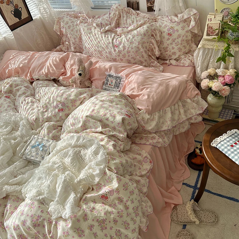 3/4Pcs Korean Princess Style Floral Ruffles Bedding Set Skin-friendly Soft Duvet Cover Set Bed Sheet Or Bed Skirt Pillowcases