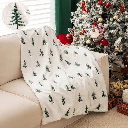 Soft Faux Fur Blanket Reversible Fuzzy Long Hair Shaggy Blanket Fluffy Plush Fleece Christmas Tree Embroidered Throw Blanket