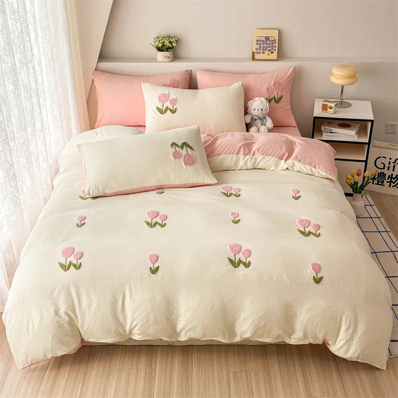 New Printed Duvet Cover with Bed Sheets and Pillowcases, Unfilled Washed Cotton, Full Size Light Luxury Home Bedding Set