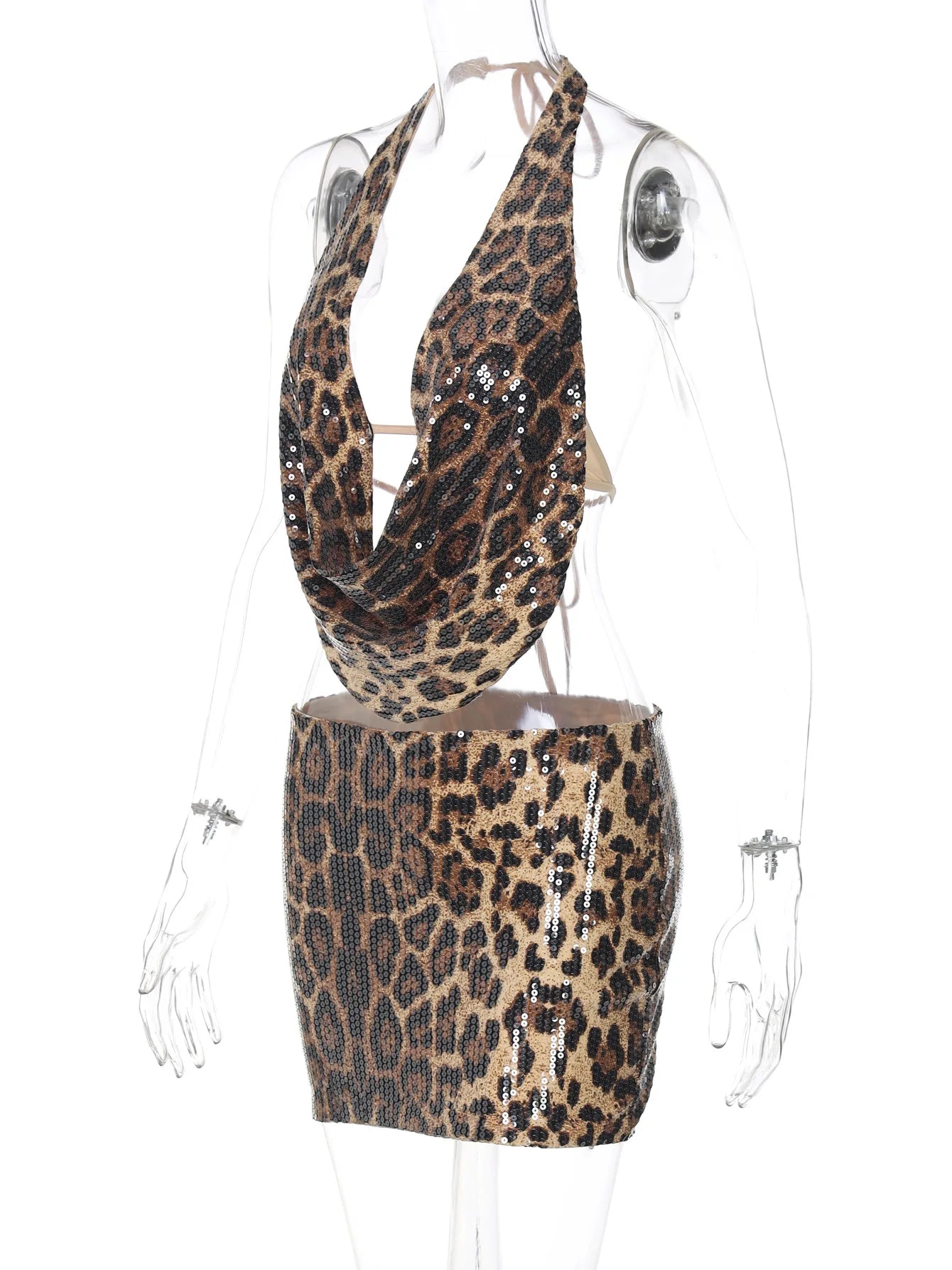 Leopard Print Sequin Backless Halter Top and Mini Skirt Two Piece Set