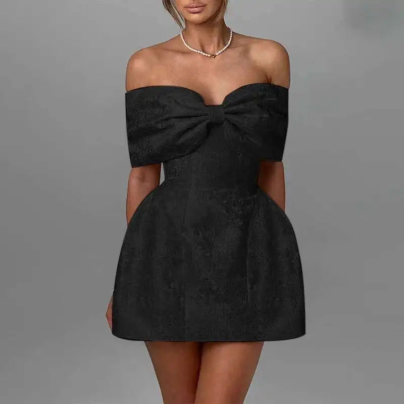 Large Bow Off Shoulder Jacquard Mini Dress