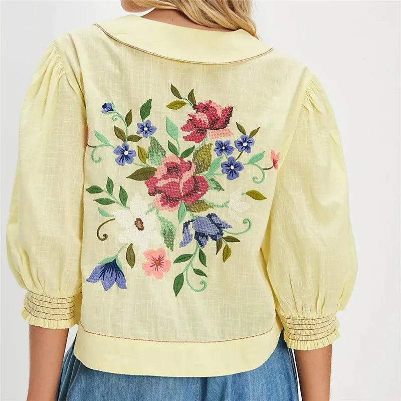 Button Up Embroidered Floral Blouse