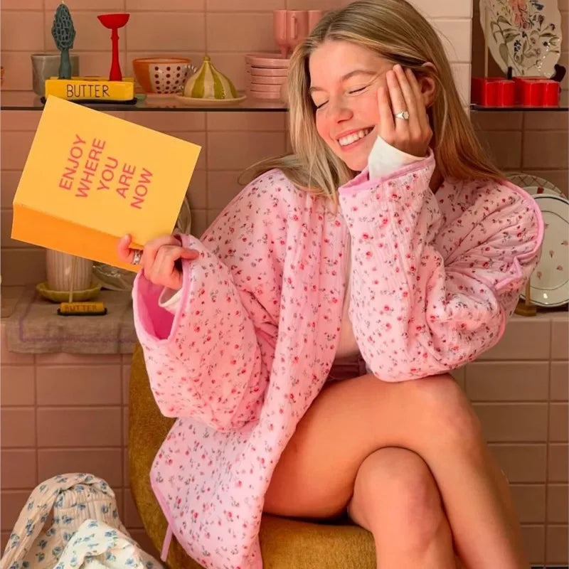 Women's Pink Printed Casual Knit Cardigan - Autumn/Winter Warm