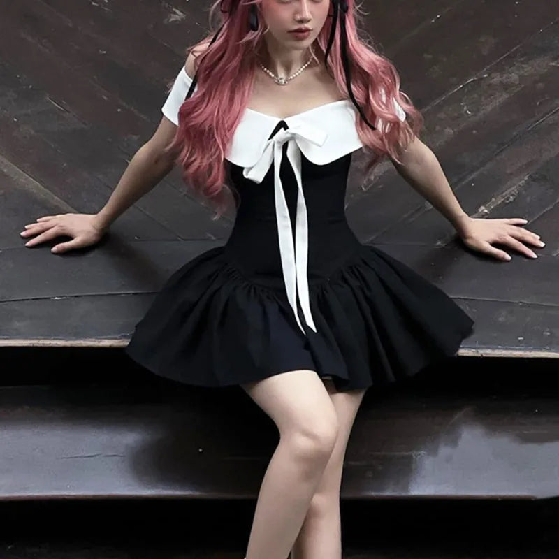 Bow Lace-up Black Off Shoulder Mini Dress